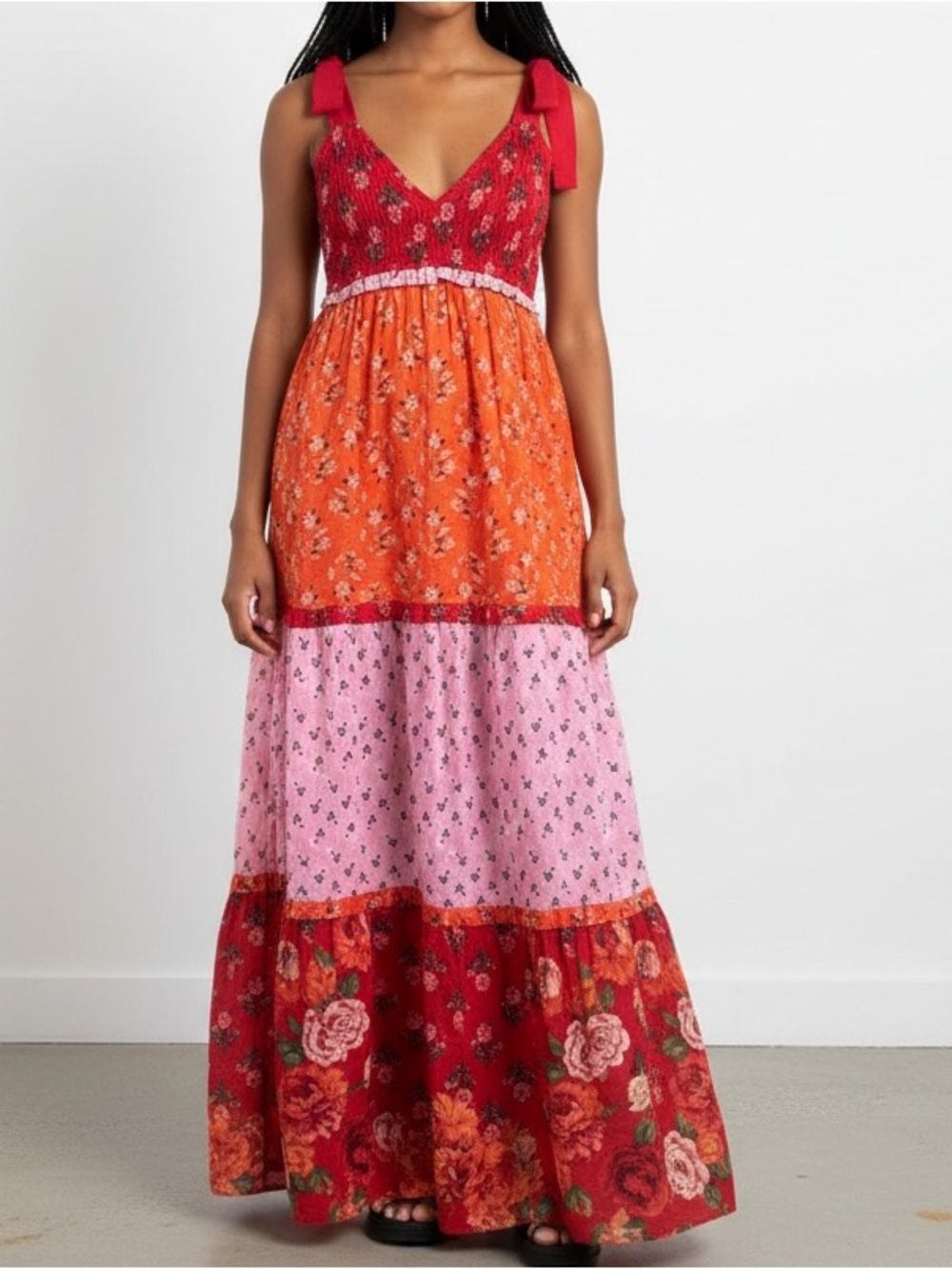 Altar'd State Tiered Floral Maxi Dress in Red, Orange & Pink